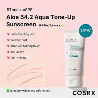 COSRX Aloe 54.2 Aqua Tone-Up Sunscreen SPF50+ tube blanc avec texture rose et liste des benefices