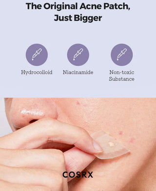 Infographie COSRX patch X-Large applique sur la joue avec ingredients hydrocolloid et niacinamide