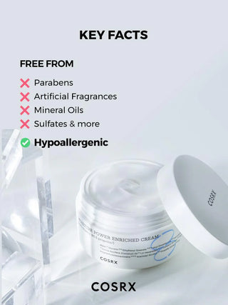 COSRX Hydrium Enriched Cream infographie Key Facts sans parabenes ni sulfates, hypoallergenique