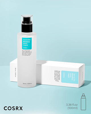 COSRX Poreless Power Liquid flacon et boite sur fond bleu clair avec pictogramme contenance 100ml