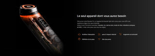 MEDICUBE AGE-R Booster Pro noir avec vue eclatee des 6 fonctions et icones benefices sur fond sombre