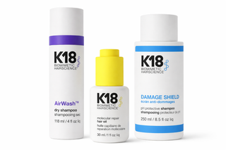 Trio K18 AirWash shampooing sec violet, Molecular Repair Hair Oil jaune et Damage Shield shampooing bleu