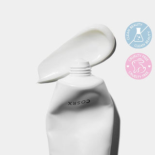 COSRX Pure Fit Cica Cream - tube renverse avec texture creme blanche et badges clean beauty cruelty free