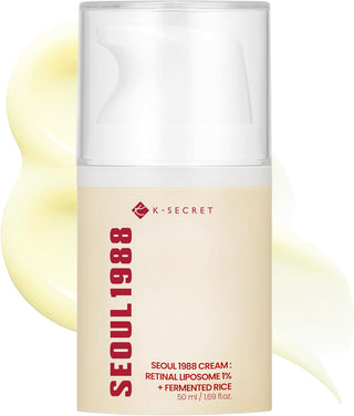 Flacon pompe airless beige de la crème anti-âge KSECRET Seoul 1988 au rétinal liposome 1 % et riz fermenté, 50 ml