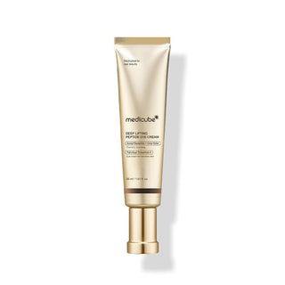 Tube dore MEDICUBE Deep Lifting Peptide Eye Cream vue de face sur fond blanc 30ml