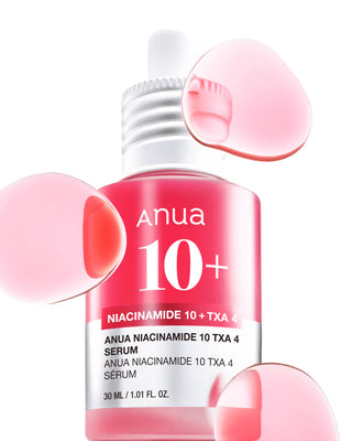 Flacon rose ANUA Niacinamide 10+ TXA 4 Serum 30ml avec pipette et gouttes de texture gel rose