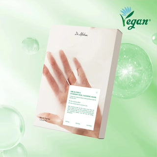 Boite DR.ALTHEA Cushion Veil Calming Mask sur fond vert avec label Vegan et bulles