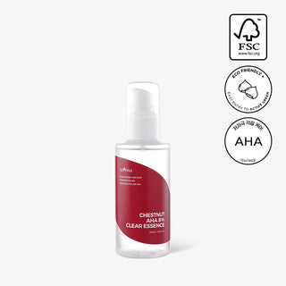 ISNTREE Chestnut AHA 8% Clear Essence - flacon avec badges certifications FSC, Eco Friendly et AHA Isntree