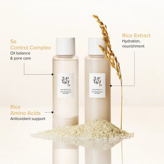 Flacons Beauty of Joseon Glow Replenishing Rice Milk sur grains de riz - actifs clés extrait et acides aminés de riz