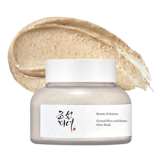 Pot Beauty of Joseon Ground Rice and Honey Glow Mask avec swatch texture granuleuse beige en arriere-plan
