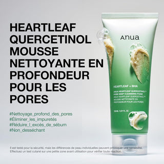ANUA Heartleaf Cleansing Foam - fiche produit en francais avec hashtags nettoyage pores et tube incline