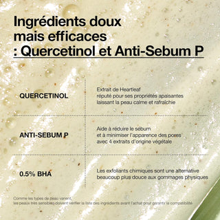 ANUA Heartleaf Cleansing Foam - ingredients Quercetinol, Anti-Sebum P et 0.5% BHA sur fond texture mousse