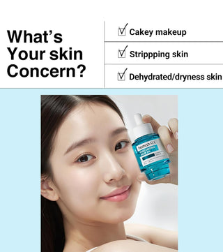 Jeune femme souriante montrant le serum Heimish RX Hyaluronic Acid 2% avec checklist problemes de peau