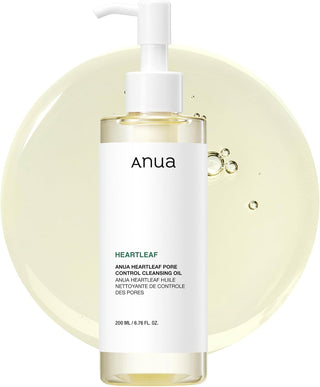 ANUA Heartleaf Cleansing Oil 200ml avec cercle de texture huile doree et bulles en arriere-plan