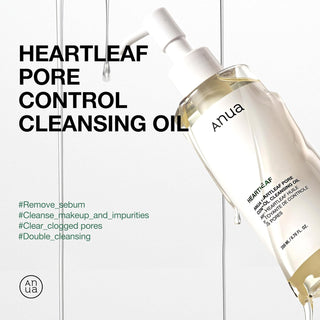 ANUA Heartleaf Cleansing Oil - fiche produit avec hashtags anti-sebum, demaquillant et double nettoyage