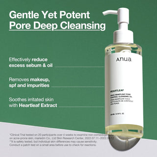ANUA Heartleaf Cleansing Oil - trois benefices : reduit le sebum, demaquille et apaise avec extrait Heartleaf