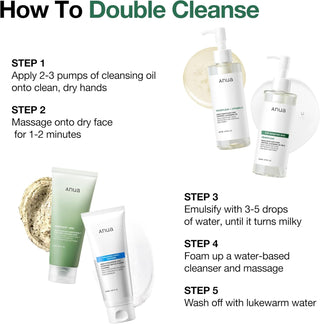 ANUA Heartleaf Cleansing Oil - routine double nettoyage en 5 etapes avec huile et mousse nettoyante