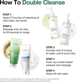 ANUA Heartleaf Cleansing Oil - guide double nettoyage en 5 etapes avec variantes huile et mousse