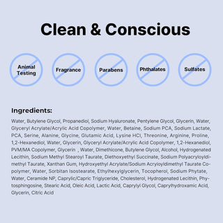 COSRX The Hyaluronic Acid 3 Serum - liste des ingredients et labels Clean & Conscious sur fond bleu