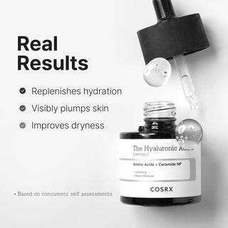 COSRX The Hyaluronic Acid 3 Serum - flacon pipette ouvert avec gouttes de serum et resultats hydratation