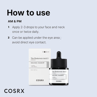 COSRX The Hyaluronic Acid 3 Serum - mode d'emploi avec flacon et boite sur fond bleu