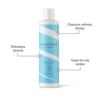 Boucleme Hydrating Hair Cleanser 300 ml avec annotations des benefices - nettoie sans dessecher, rafraichit les meches