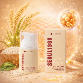 Visuel ingrédients de la crème KSECRET Seoul 1988 : riz fermenté, épis de riz et billes de liposomes de rétinal dorées avec flacon et boîte