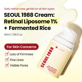 Infographie de la crème KSECRET Seoul 1988 au rétinal liposome 1 % ciblant perte de fermeté, ridules et pores visibles