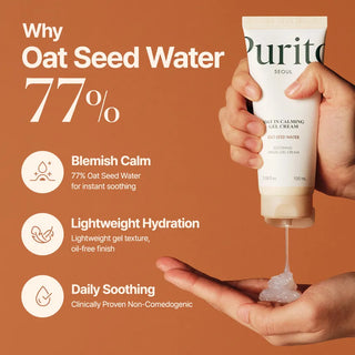 Mains pressant le tube PURITO Oat In - texture gel translucide sur la paume, 77% Oat Seed Water