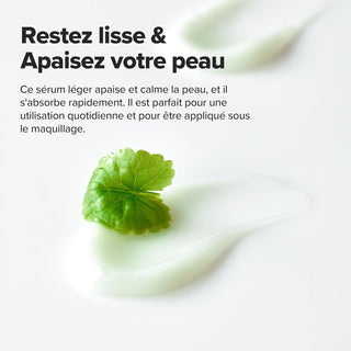 Feuille de centella et texture gel transparente du Beauty of Joseon Light On Serum sur fond blanc