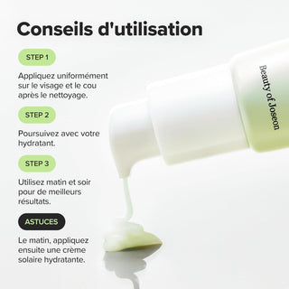 Conseils d'utilisation du Beauty of Joseon Light On Serum en trois etapes avec serum vert verse du tube