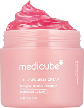 Medicube Collagen Jelly Cream 50 ml pot rose ouvert, gelée rose vif au collagene visible sur le dessus