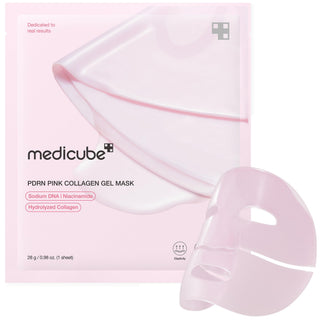 Sachet rose Medicube PDRN Pink Collagen Gel Mask avec masque gel rose deplie a cote