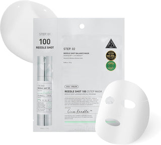 Kit VT Cosmetics Reedle Shot 100 en deux etapes - serum, sachet masque tissu et masque deplie sur fond blanc