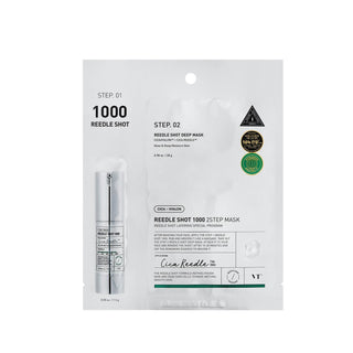 Packaging VT Cosmetics Reedle Shot 1000 avec serum et sachet Deep Mask sur fond blanc
