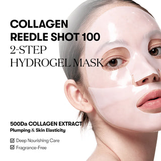 Visage portant un masque hydrogel transparent VT Cosmetics Collagen Reedle Shot 100 avec texte descriptif