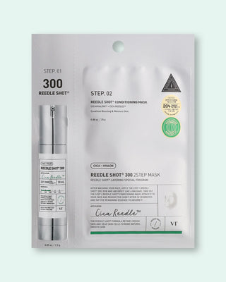 Packaging VT Cosmetics Reedle Shot 300 avec serum argente et sachet masque sur fond vert menthe