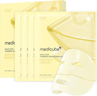 Coffret Medicube Kojic Acid Turmeric Gel Mask avec 4 sachets jaunes et masque gel deplie