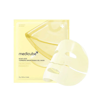 Sachet jaune Medicube Kojic Acid Turmeric Gel Mask avec masque gel transparent deplie a cote