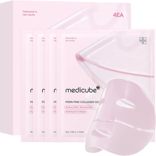 Coffret Medicube PDRN Pink Collagen Gel Mask avec 4 sachets roses et masque gel rose deplie
