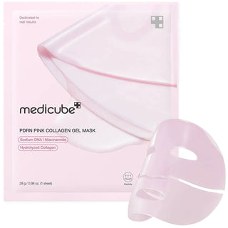 Sachet rose Medicube PDRN Pink Collagen Gel Mask avec masque gel deplie et icone elasticite