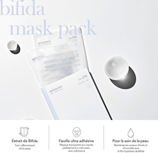 Presentation MIXSOON Bifida Mask Pack avec icones extrait de bifida, feuille ultra-adhesive et soin peau
