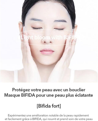 Visage femme portant le masque tissu MIXSOON Bifida pour un teint eclatant, texte Light bloom with BIFIDA