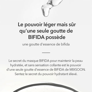 Goutte essence de bifida MIXSOON tombant dans un bol, texte pouvoir hydratant leger et efficace