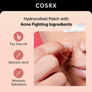 Infographie COSRX Master Patch Intensive avec ingredients tea tree oil, acide salicylique et application sur le visage