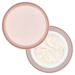 Vue du dessus du pot Medicube Triple Collagen Cream avec couvercle rose ouvert et creme blanche visible
