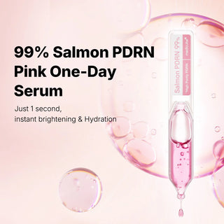 Ampoule rose MEDICUBE Salmon PDRN 99% avec serum qui coule sur fond de bulles roses transparentes