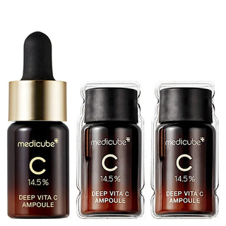 Trois flacons Medicube Deep Vita C Ampoule 2.0 a 14.5% avec pipette doree et recharges sous blister