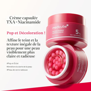 Infographie MEDICUBE TXA Niacinamide Capsule Cream - pot rose incline avec capsules et texte eclat