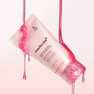 Tube Medicube PDRN Pink Caffeine Night Wrapping Mask nappé de gel rose pailleté qui coule - texture